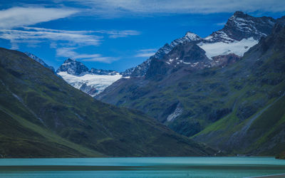 Scenic view of lake by snowcapped mountains against sky