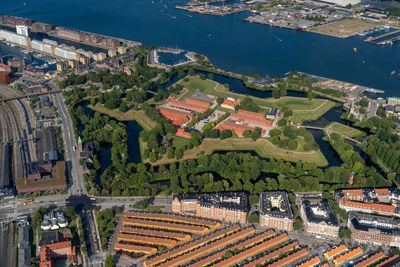 High angle view of buildings in city