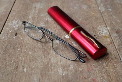 High angle view of eyeglasses on table