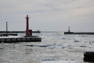 Lighthouse by sea against sky