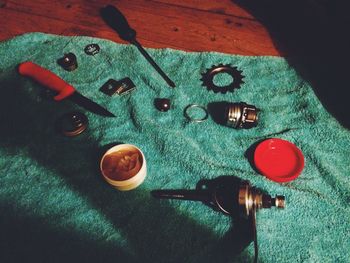 Close-up of wooden objects on wooden surface