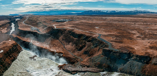 Panoramic aerial view of popular tourist destination - gullfoss waterfall.