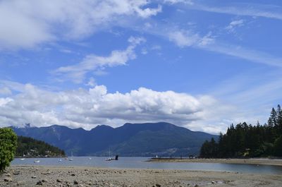 Scenic view of lake by mountains against sky