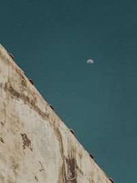 Low angle view of rocks against clear blue sky