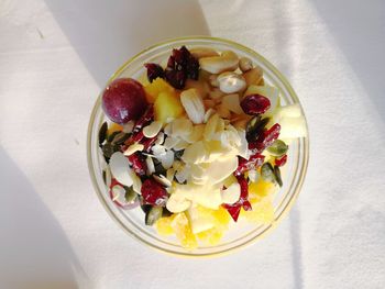 High angle view of fruits in bowl on table