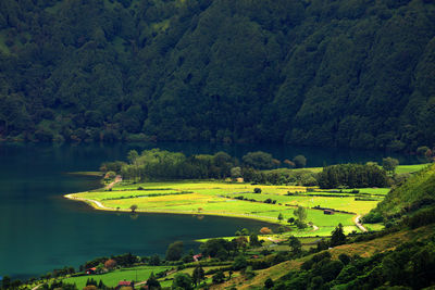 Scenic view of lake by landscape against mountain