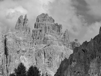 Low angle view of rocky mountains against sky