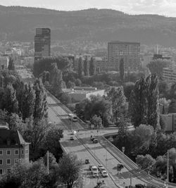 High angle view of buildings and street in city