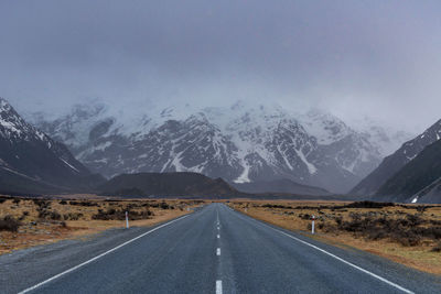 Scenic view along the mount cook road alongside with snow capped southern alps and majestic mt cook.