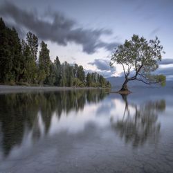 Scenic view of lake against cloudy sky