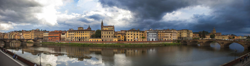 Panoramic view of buildings by river against sky in city