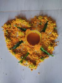 High angle view of pasta in bowl on table