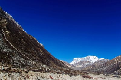 Scenic view of mountains against clear blue sky