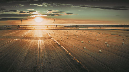 Scenic view of agricultural field against sky during sunset