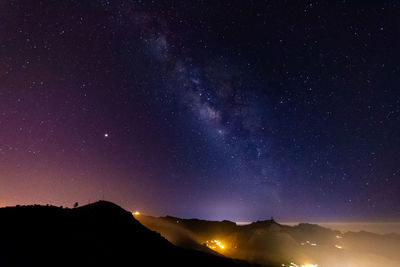 Scenic view of mountains against sky at night