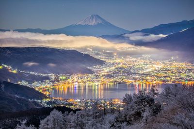 Scenic view of snowcapped mountains against sky during winter