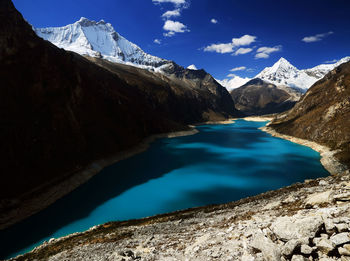 Scenic view of lake and mountains against sky 