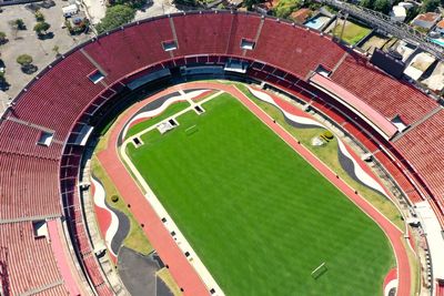 High angle view of soccer field in city