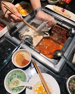 High angle view of person preparing food
