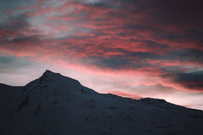 Scenic view of snowcapped mountains against sky during sunset