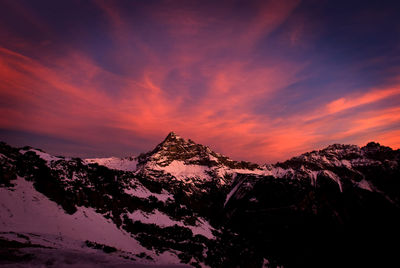 Scenic view of snowcapped mountains against sky during sunset