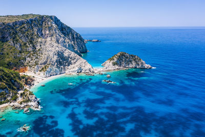 Scenic view of sea against clear blue sky