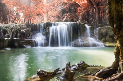 Rear view of man standing against waterfall