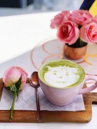 High angle view of matcha tea on serving board