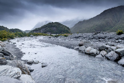 Scenic view of river by mountains against sky