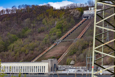 High angle view of railroad bridge in forest