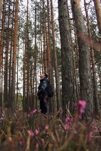 Rear view of man on tree trunk in forest