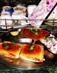 High angle view of food in plate on table