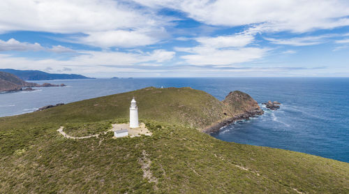 Aerial drone view of cape bruny lighthouse, tasmania, australia.