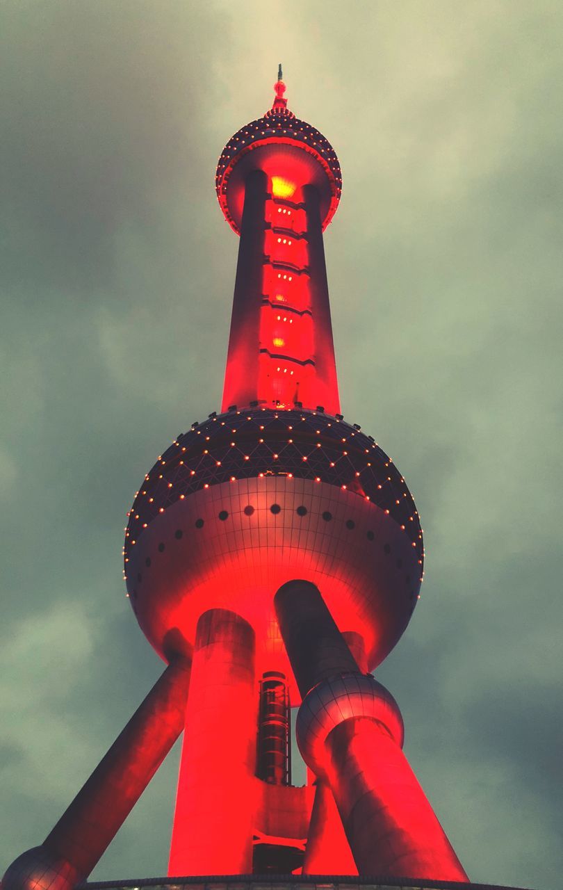 sky, architecture, built structure, low angle view, cloud - sky, tower, building exterior, red, tall - high, nature, city, no people, travel destinations, building, tourism, travel, guidance, outdoors, day, security, spire