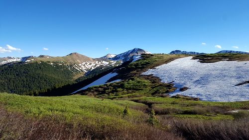 Scenic view of mountains against clear blue sky