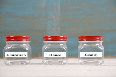 Close-up of drink in glass jar on table