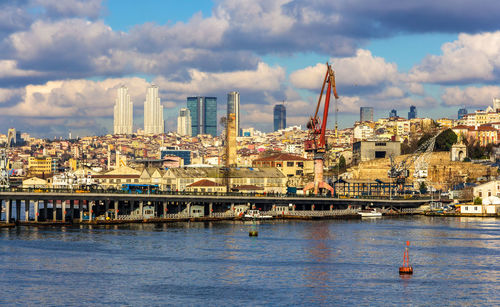 Panoramic view of river and buildings against sky