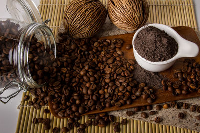 High angle view of coffee beans on table