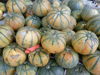 High angle view of fresh muskmelons for sale in market