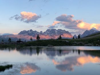 Scenic view of lake against sky during sunset