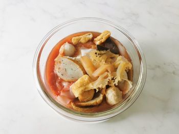 High angle view of pasta in bowl on table