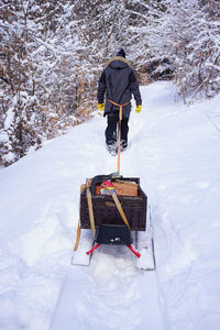 Rear view of person standing on snow covered land