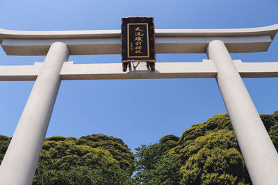 Low angle view of text on building against clear sky