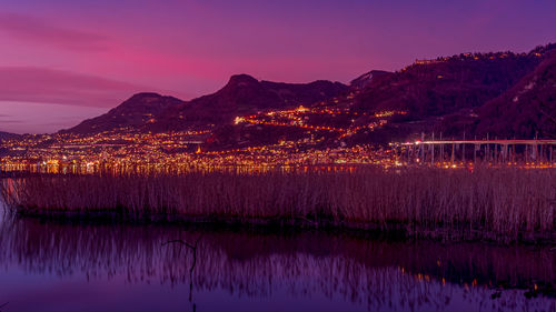 Scenic view of lake by mountains against sky during sunset