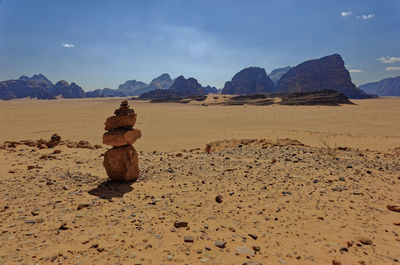 Stone sculpture in the desert at wadi rum, jordan