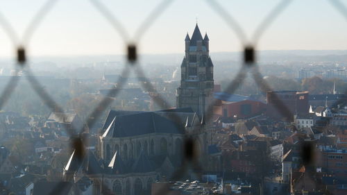 Aerial view of buildings in city to the cathedral or bruges