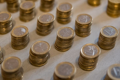 High angle view of coins