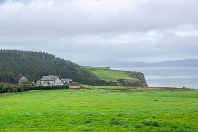 Houses on field against sky