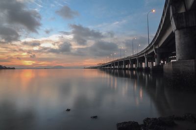 Bridge over river against sky during sunset