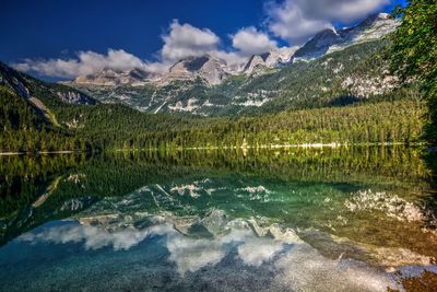 Scenic view of lake by mountains against sky